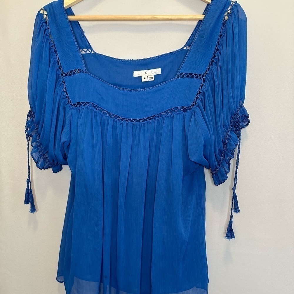 I.C.E. Blouse Womens Size 8 Cami Short Tie Puff Sleeve Peasant Prairie Boho